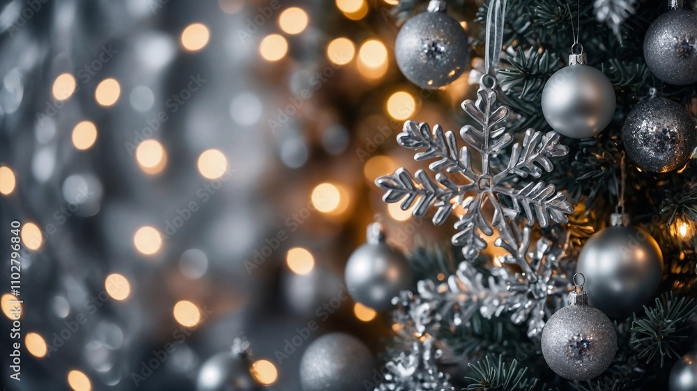 Close-up of silver Christmas tree ornaments, snowflake decoration, and warm bokeh lights. Festive holiday background. Close-up of silver Christmas tree ornaments, snowflake decoration, and warm bokeh lights. Festive holiday background.
