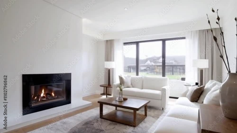 The minimalist interior design of the modern living room. Barn wood coffee table near corner sofa against the wall with fireplace, frame, and stylish shelf. The minimalist interior design of the modern living room. Barn wood coffee table near corner sofa against the wall with fireplace, frame, and stylish shelf.