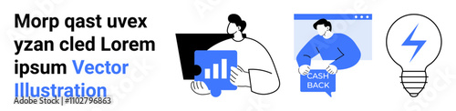 Person analyzing data with growth chart, individual holding cashback sign, light bulb with lightning bolt. Ideal for finance, analytics, marketing, ecommerce, education, presentations, and business