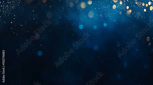 Abstract blue background with scattered gold glitter and bokeh with glow effect luxury christmas or new year celebration background design
