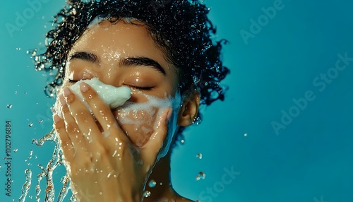 A beautifully detailed shot of a woman washing her face with soap, water beads on her skin, blue background, vivid, sharp, and realistic, visually stunning and clear photo