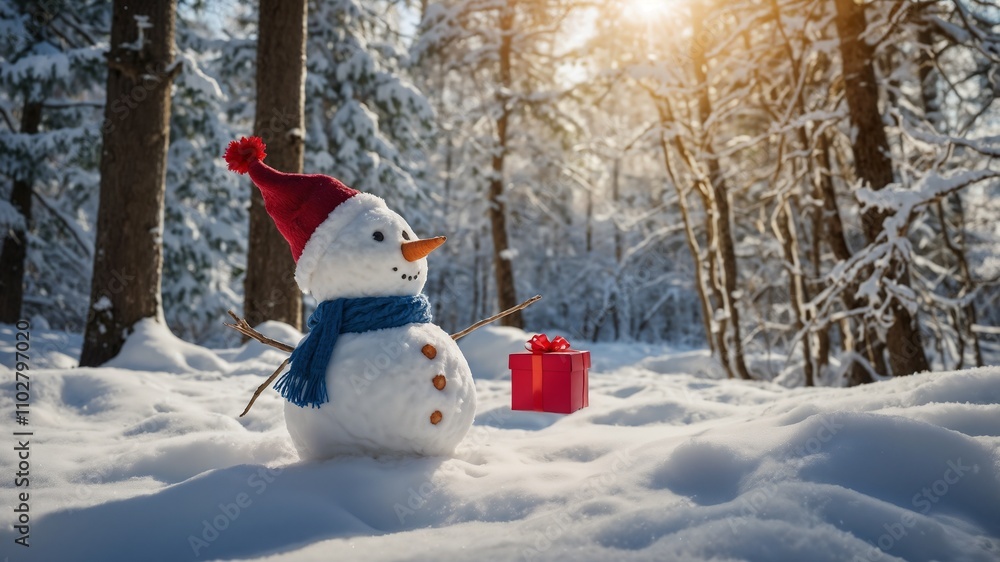 Obraz premium Charming snowman in a red hat and blue scarf holds a red gift in a snowy winter forest. Festive winter scene.