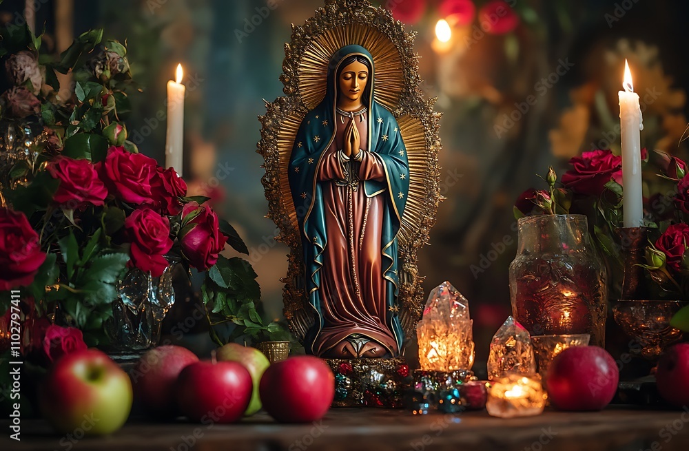 Fototapeta premium Religious Altar with Virgin Mary Statue, Candles, Roses, and Apples in a Sacred Setting
