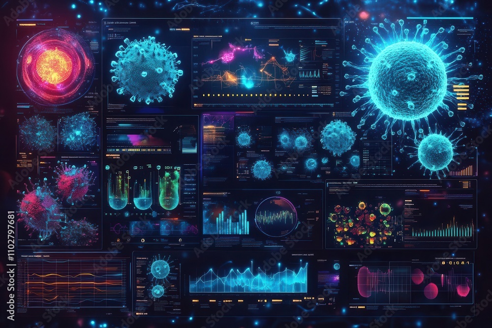 A vibrant digital display showcasing virus data, analytics, and visualizations, featuring colorful graphs and molecular structures. A vibrant digital display showcasing virus data, analytics, and visualizations, featuring colorful graphs and molecular structures.