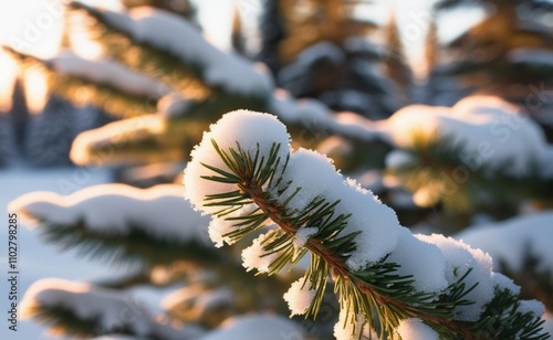 Fir tree branches covered in snow with blurry background and warm light