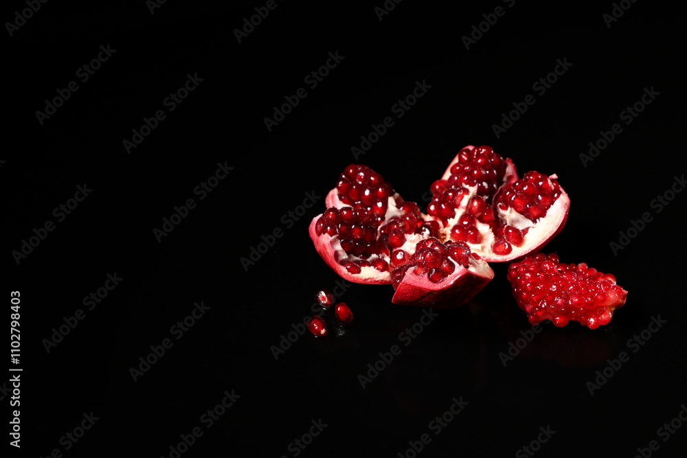Pieces of tasty ripe pomegranate on black background Pieces of tasty ripe pomegranate on black background