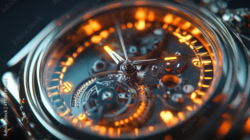 A close-up view of a mechanical watch showcasing intricate gears and glowing elements. A close-up view of a mechanical watch showcasing intricate gears and glowing elements.