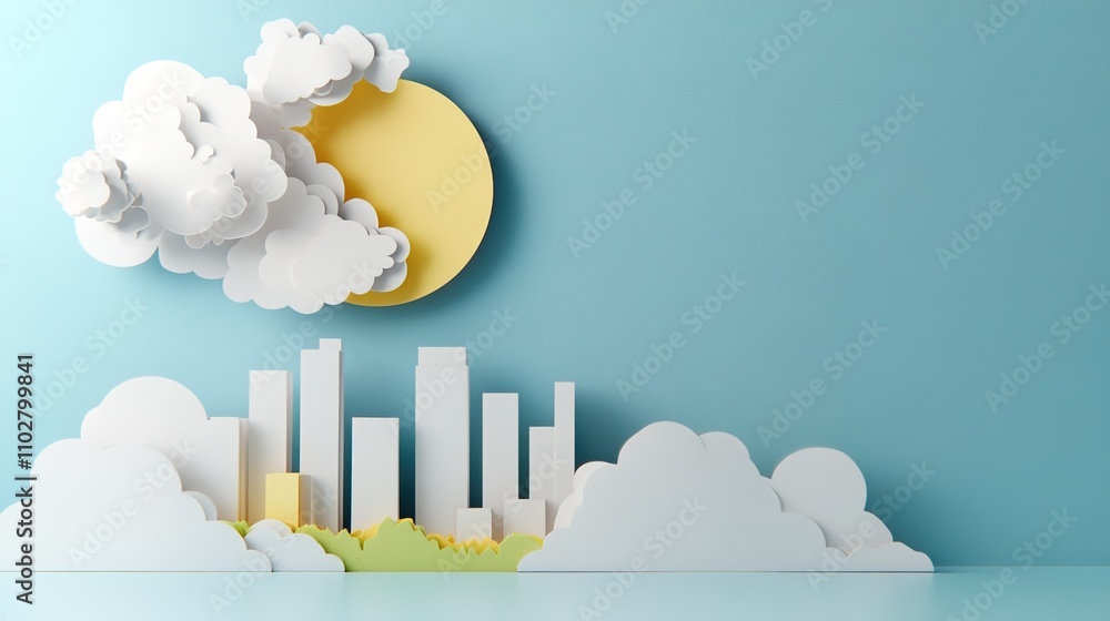Colorful 3D Paper Cityscape with Sun and Clouds Against Blue Background, Playful Artistic Representation of Urban Landscape, Suitable for Various Design Projects Colorful 3D Paper Cityscape with Sun and Clouds Against Blue Background, Playful Artistic Representation of Urban Landscape, Suitable for Various Design Projects