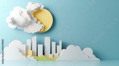Colorful 3D Paper Cityscape with Sun and Clouds Against Blue Background, Playful Artistic Representation of Urban Landscape, Suitable for Various Design Projects