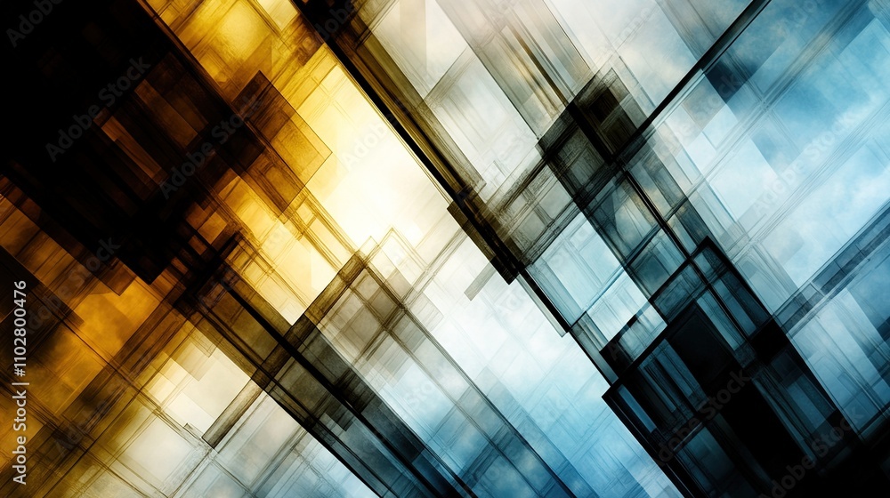 Abstract geometric composition featuring vibrant hues of gold, blue, and black with layered transparency effects expressing modern technology and innovation aesthetic Abstract geometric composition featuring vibrant hues of gold, blue, and black with layered transparency effects expressing modern technology and innovation aesthetic