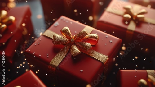 Festive Red Gifts with Golden Bows: A Christmas Celebration photo