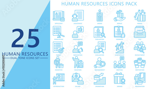 HR-human resources dual tone icons set. contain goal, applicant, training, motivation, employee, award, salary and more. Vector EPS 10 for print, digital UI, UX kit, web and app for office management.