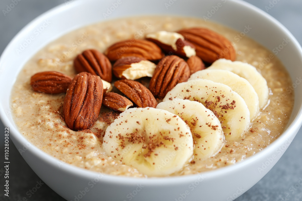 A bowl of oatmeal with nuts and bananas A bowl of oatmeal with nuts and bananas