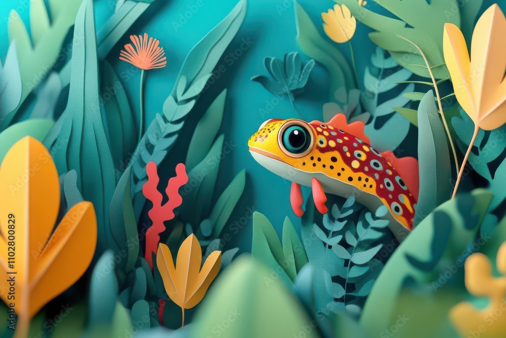 A vibrant, colorful paper art scene featuring a whimsical frog surrounded by lush foliage and flowers in a playful underwater environment. A vibrant, colorful paper art scene featuring a whimsical frog surrounded by lush foliage and flowers in a playful underwater environment.