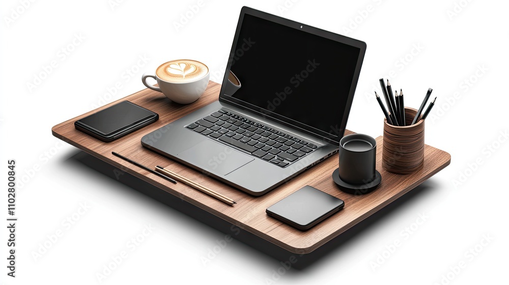 Stylish Office Desk Setup with Laptop, Coffee, and Accessories Stylish Office Desk Setup with Laptop, Coffee, and Accessories