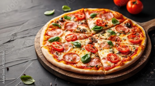 Delicious pepperoni pizza on a wooden board with fresh basil and tomatoes.