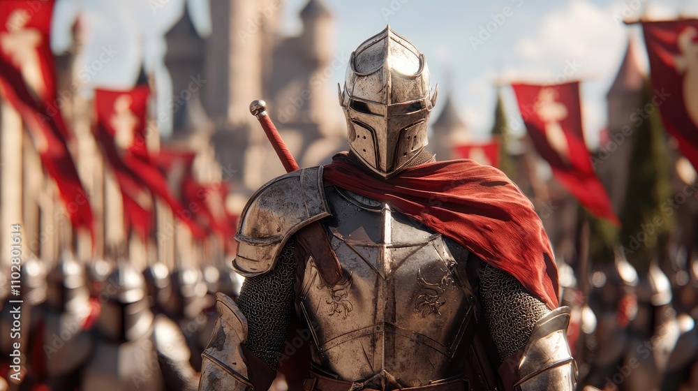 Knight Surrounded Knight in armor with cape, surrounded by soldiers, historical setting ...