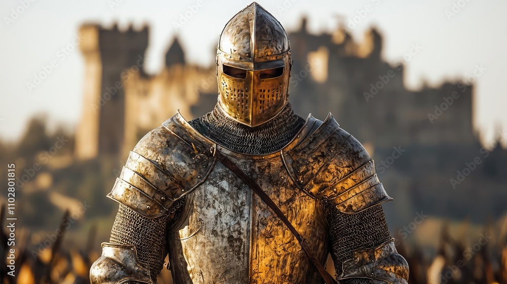 Knight in armor standing with castle in background, historical reenactment scene. Knight in armor standing with castle in background, historical reenactment scene.