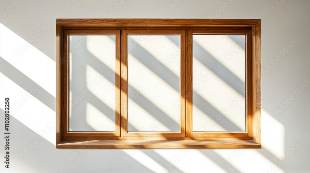 A wooden-framed window with sunlight casting shadows on a plain wall. A wooden-framed window with sunlight casting shadows on a plain wall.
