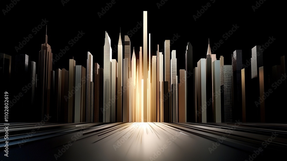 Abstract representation of a futuristic city skyline illuminated by warm light, showcasing tall buildings and stunning architectural designs against a dark background.