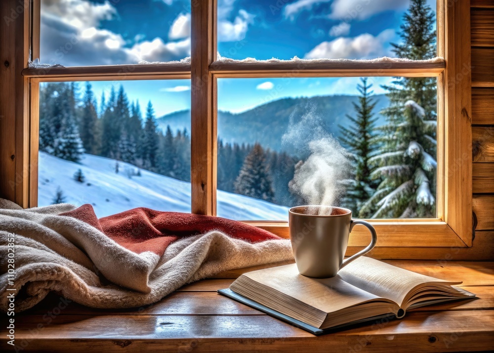 Cozy Winter Window Scene: Snowy Landscape, Warm Drink, Book, Blanket Cozy Winter Window Scene: Snowy Landscape, Warm Drink, Book, Blanket