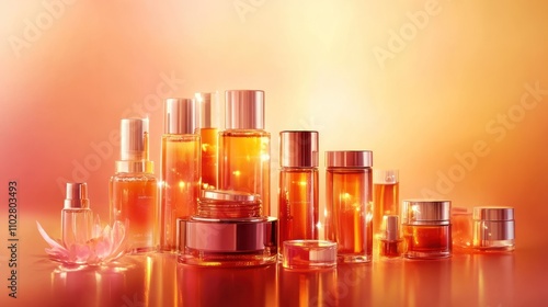 A collection of elegant skincare products arranged artistically with a warm glow.