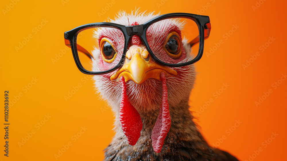 A quirky Thanksgiving turkey wearing oversized glasses, posing humorously against an orange background, adding a fun twist to the holiday spirit A quirky Thanksgiving turkey wearing oversized glasses, posing humorously against an orange background, adding a fun twist to the holiday spirit