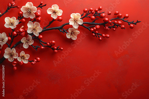 Elegant cherry blossoms and red berries on a matte red background, ideal for Chinese New Year celebrations, invitations, and festive designs.