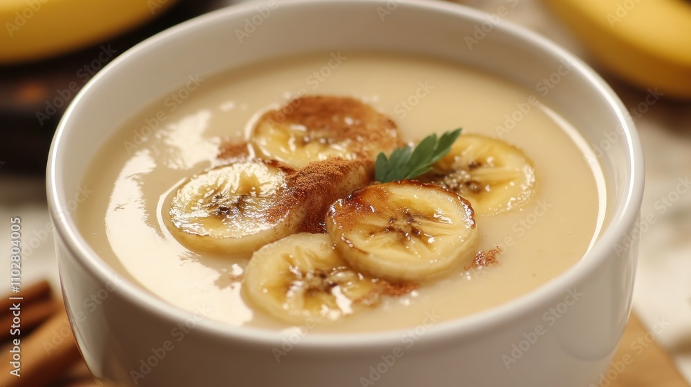 Banana soup with caramelized banana slices and a hint of cinnamon, Banana soup with caramelized banana slices and a hint of cinnamon,