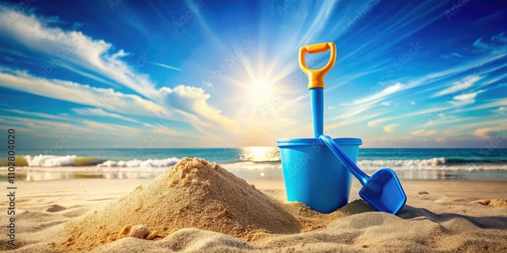 Colorful Children's Beach Toys: Blue Shovel and Bucket on Sandy Mountain - Fun Summer Playtime Concept