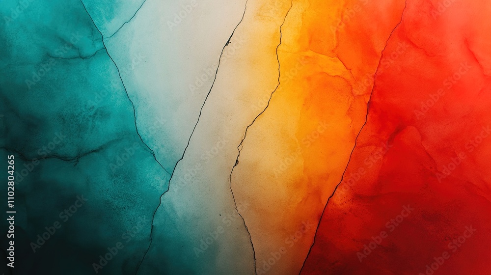 Fototapeta premium Abstract Fluid Art with Turquoise, Orange, and Red Waves Creating a Vibrant Background with Subtle Textures and Fine Cracks Ideal for Creative Projects and Designs