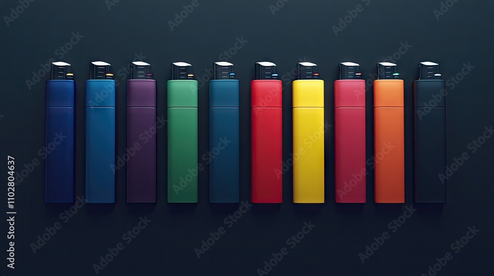 Colorful Lighters in a Row on Dark Background for Creative Use