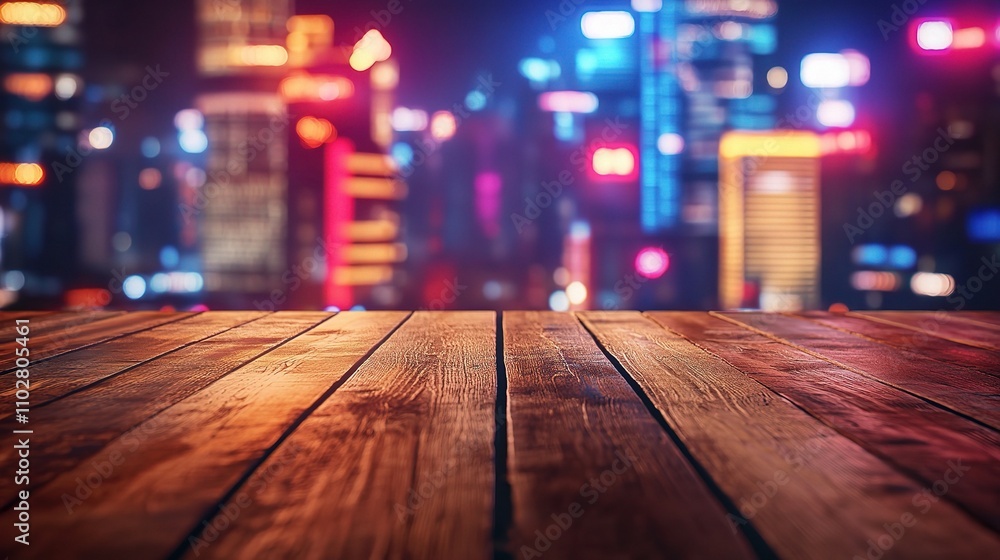Empty Wooden Table with Blurry City Lights at Night Background Empty Wooden Table with Blurry City Lights at Night Background