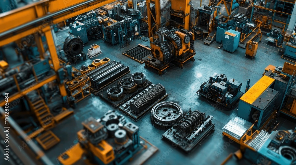 Aerial View of Industrial Factory Floor with Machinery, Equipment, and Tools Organized Neatly in a High-Tech Manufacturing Environment Aerial View of Industrial Factory Floor with Machinery, Equipment, and Tools Organized Neatly in a High-Tech Manufacturing Environment
