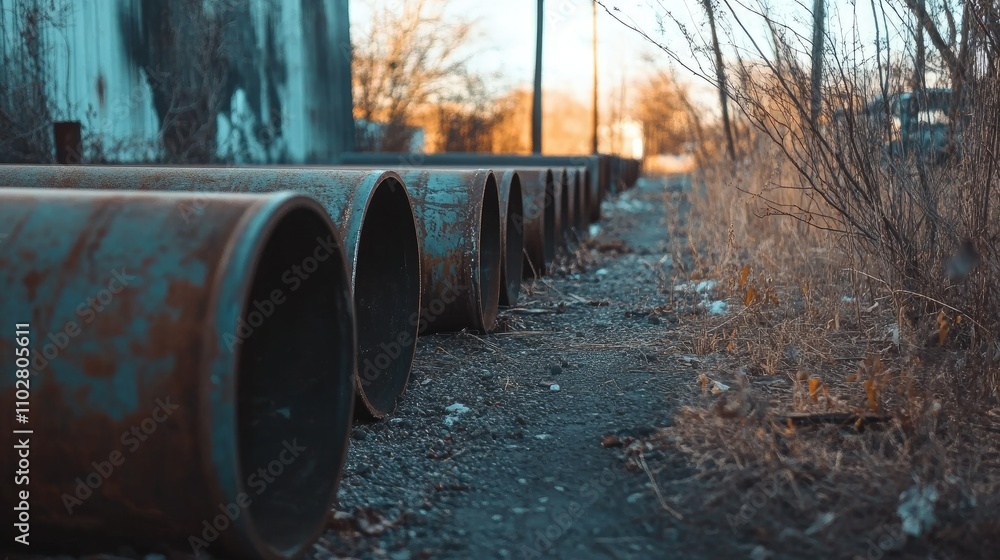 Rusty Industrial Pipes Lining a Forgotten Pathway in an Abandoned Area Surrounded by Dry Grass and Overgrown Weeds on a Clear Day Rusty Industrial Pipes Lining a Forgotten Pathway in an Abandoned Area Surrounded by Dry Grass and Overgrown Weeds on a Clear Day