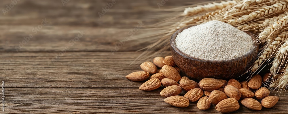 Almonds and flour arranged beautifully on a rustic wooden table.