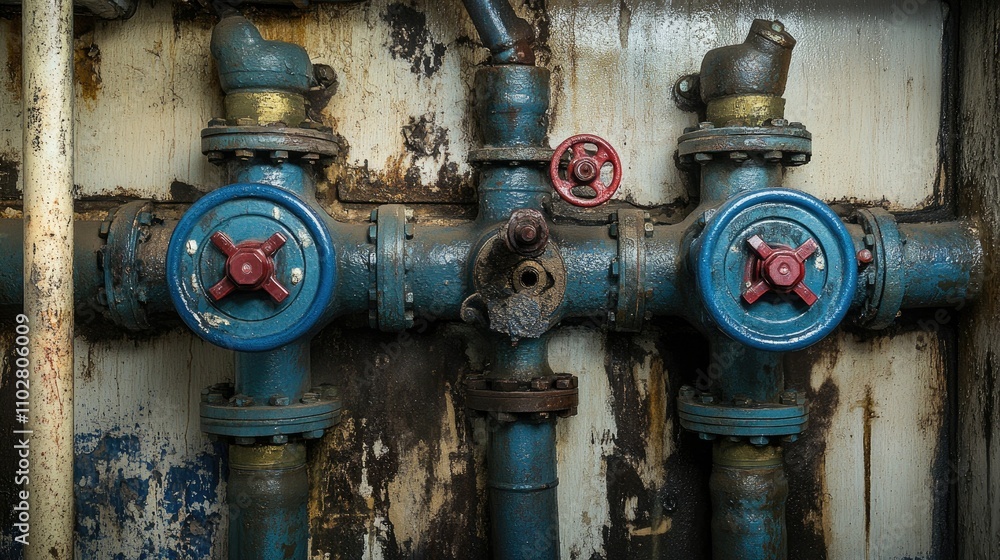 Detailed Close-Up of Industrial Pipes and Valves with Blue and Red Components Against a Weathered Wall Providing an Aesthetic Industrial Texture and Contrast Detailed Close-Up of Industrial Pipes and Valves with Blue and Red Components Against a Weathered Wall Providing an Aesthetic Industrial Texture and Contrast
