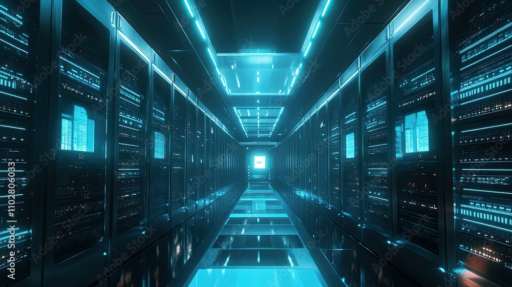 Futuristic Data Center with Glowing Blue Lighting and High-Tech Server Racks in a Modern Digital Environment Futuristic Data Center with Glowing Blue Lighting and High-Tech Server Racks in a Modern Digital Environment
