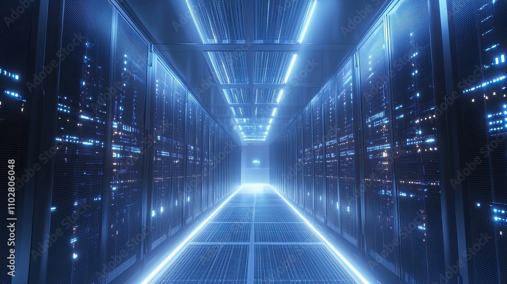 Futuristic Data Center Hallway with Illumination and High-Tech Server Racks Creating a Cyber Environment for Digital Storage and Networking Solutions Futuristic Data Center Hallway with Illumination and High-Tech Server Racks Creating a Cyber Environment for Digital Storage and Networking Solutions