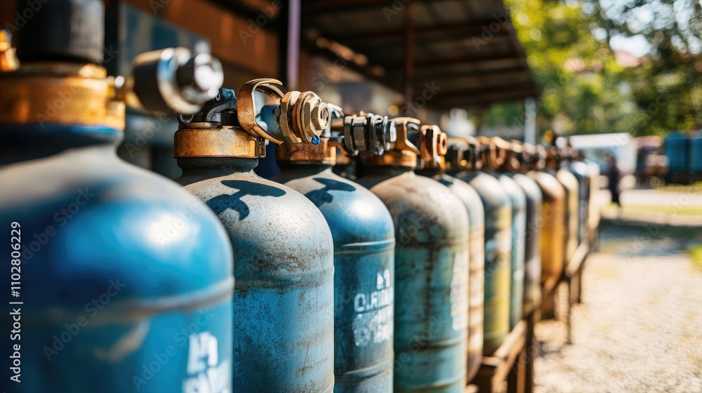 Industrial scene featuring a row of gas cylinders in various colors parked on a sunny day, showcasing the storage and safety of compressed gas equipment outdoors Industrial scene featuring a row of gas cylinders in various colors parked on a sunny day, showcasing the storage and safety of compressed gas equipment outdoors