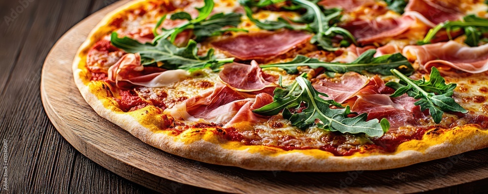 Delicious pizza topped with arugula and ham on a wooden board.
