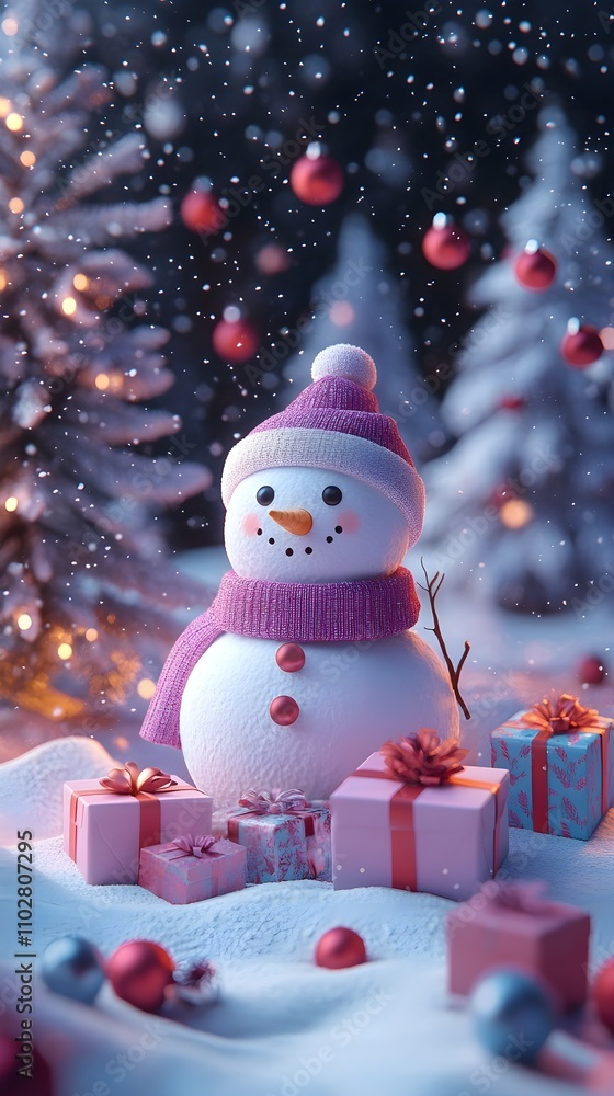 Obraz premium Festive Christmas themed illustration. In the center of the composition is a cute snowman, next to him are boxes with gifts of different sizes. Winter landscape