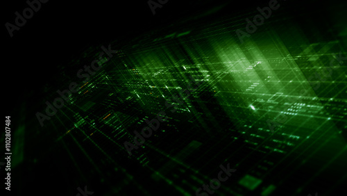 Futuristic network simulation blending AI, quantum physics, and deep learning, with a particle matrix analyzing data in a sleek, HUD-style interface