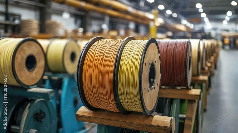 Obraz premium Close-Up View of Colorful Synthetic Cables Rolled on Spools in a Large Industrial Manufacturing Facility
