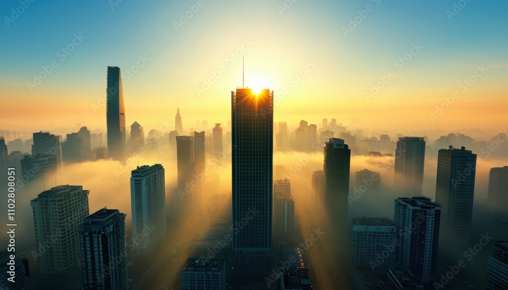 A stunning city skyline at sunrise, with towering buildings emerging from a sea of fog, creating a dramatic and serene atmosphere. A stunning city skyline at sunrise, with towering buildings emerging from a sea of fog, creating a dramatic and serene atmosphere.