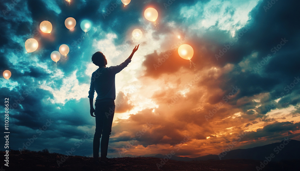 Symbolic balloon release as a metaphor for letting go of emotional weight Symbolic balloon release as a metaphor for letting go of emotional weight
