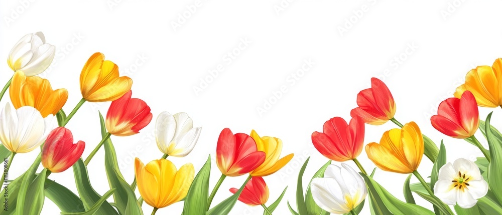 Red, yellow and white tulip flowers and leaves border isolated on a white background Red, yellow and white tulip flowers and leaves border isolated on a white background