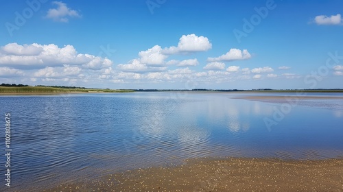 Tranquil Coastal View with Calm Waters and Soft Blue Sky Overlooking Scenic Landscape with Reflections of Clouds on Serene Shoreline in a Natural Setting