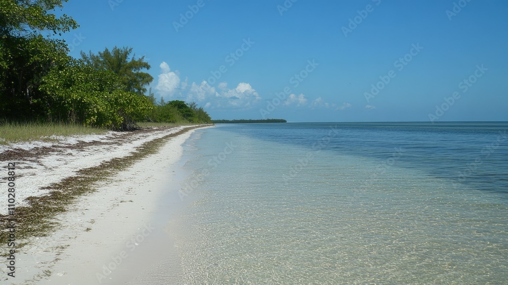 Serene Tropical Beach with Clear Water and Gentle Waves Under a Blue Sky Surrounded by Lush Green Trees and Tranquil Coastal Landscape Serene Tropical Beach with Clear Water and Gentle Waves Under a Blue Sky Surrounded by Lush Green Trees and Tranquil Coastal Landscape