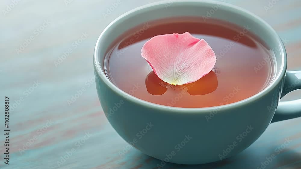 A cup of tea adorned with a delicate flower petal, relaxation and wellness themes. A cup of tea adorned with a delicate flower petal, relaxation and wellness themes.